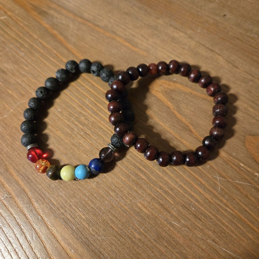 (2) 7 Chakra Volcanic Lava & Wood Prayer Bead Bracelets